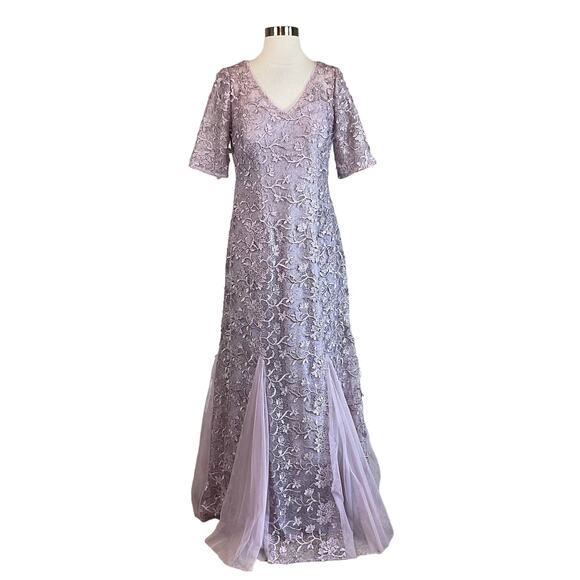 Alex Evenings Purple Sequined Lace Evening Gown Size 4 Short Sleeve Long Dress - Picture 1 of 12